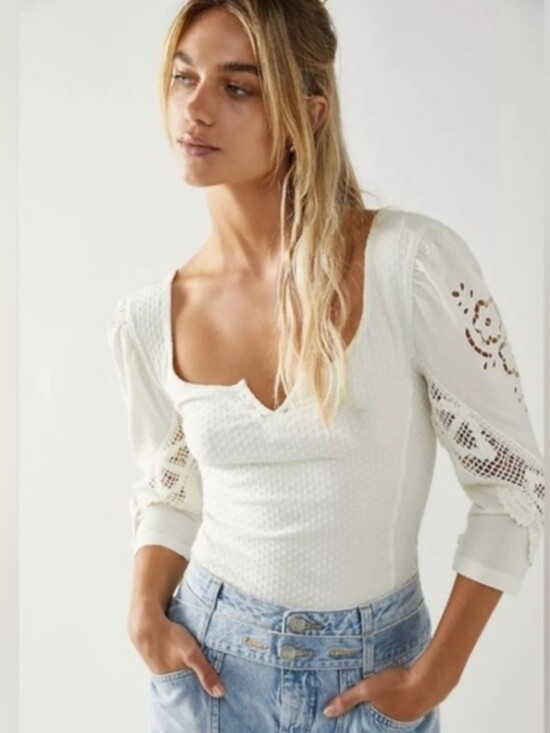 Free People Tops - Free People Brunch Date Off-White Top Ith Ivory Eyelet Sleeves